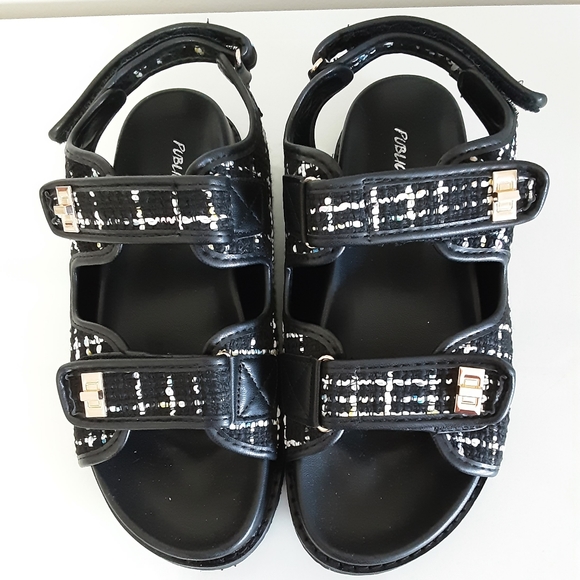 Public Desire Black Fabric Sandals Gold Buckles New with Box - Picture 3 of 7